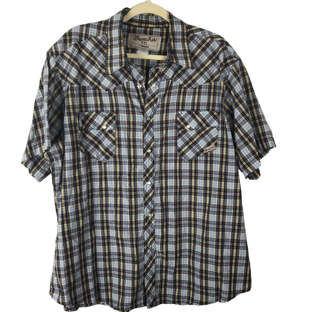 Wrangler Rancher Shirts Pearl Snap Men's 2XL Western Blue Rodeo Plaid Rodeo